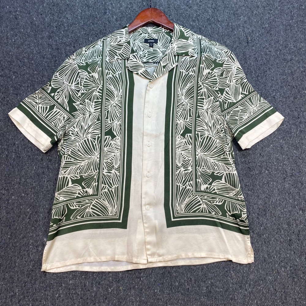 Express Tropical Palm Leaf Print Shirt Sz XS Mens Green Cream Camp Boho Skater